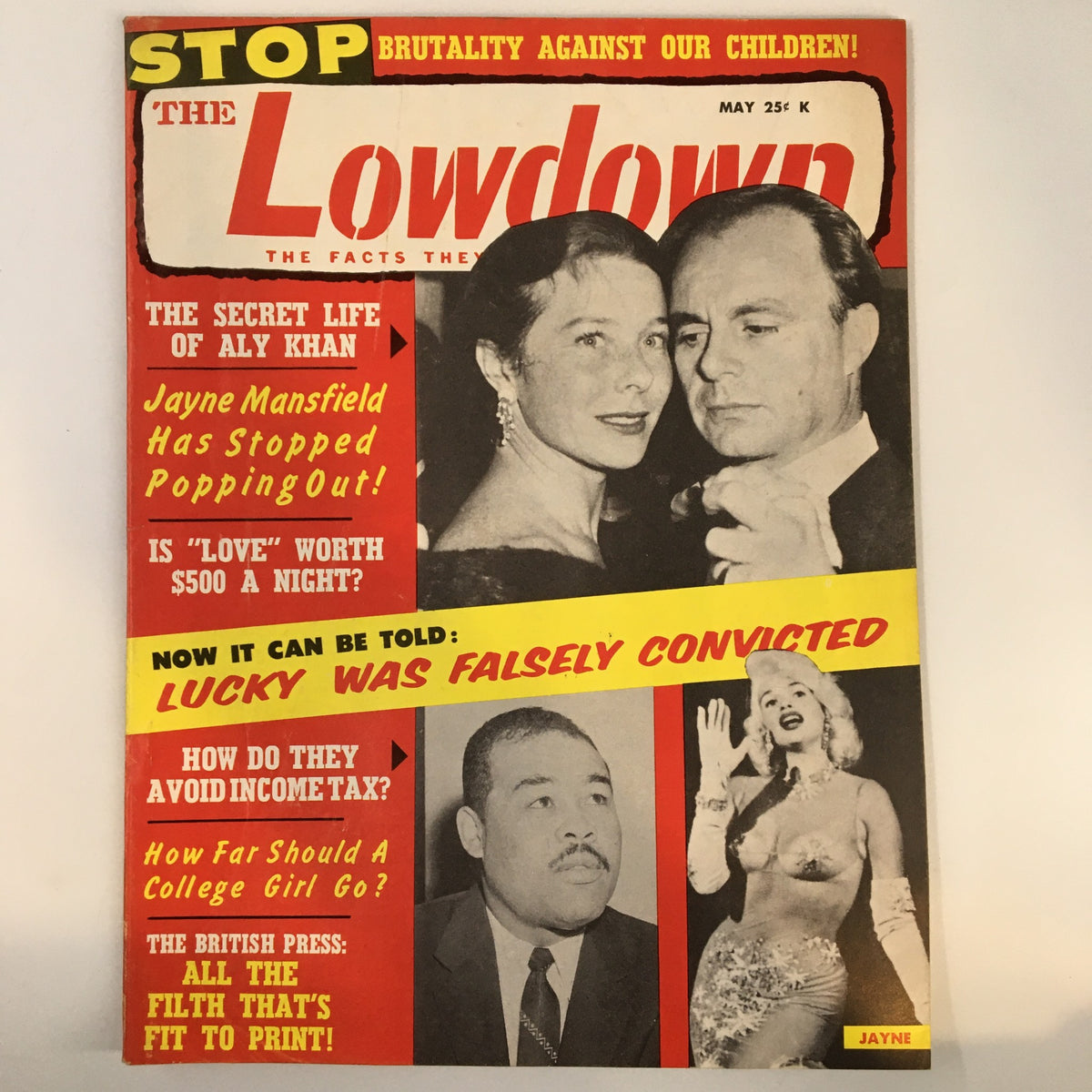 Vintage The Lowdown Magazine from May 1961 featuring 'The Secret Life of Aly Khan', with colorful headlines and notable cover stories, showcasing mid-20th century culture.