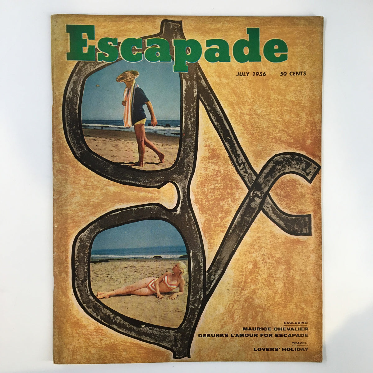 VTG Escapade Magazine July 1956 cover featuring a vintage beach scene and photographs. This collectible magazine captures mid-20th century entertainment and culture.
