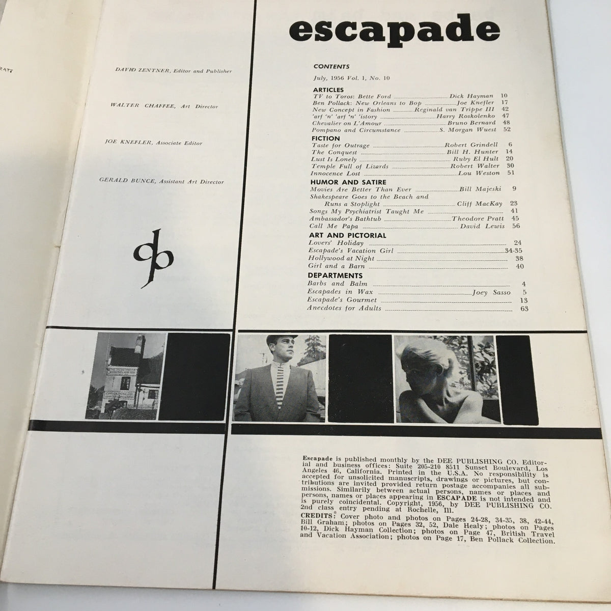 Inside page of VTG Escapade Magazine July 1956 showing the table of contents and featured articles, reflecting the entertainment landscape of the 1950s.