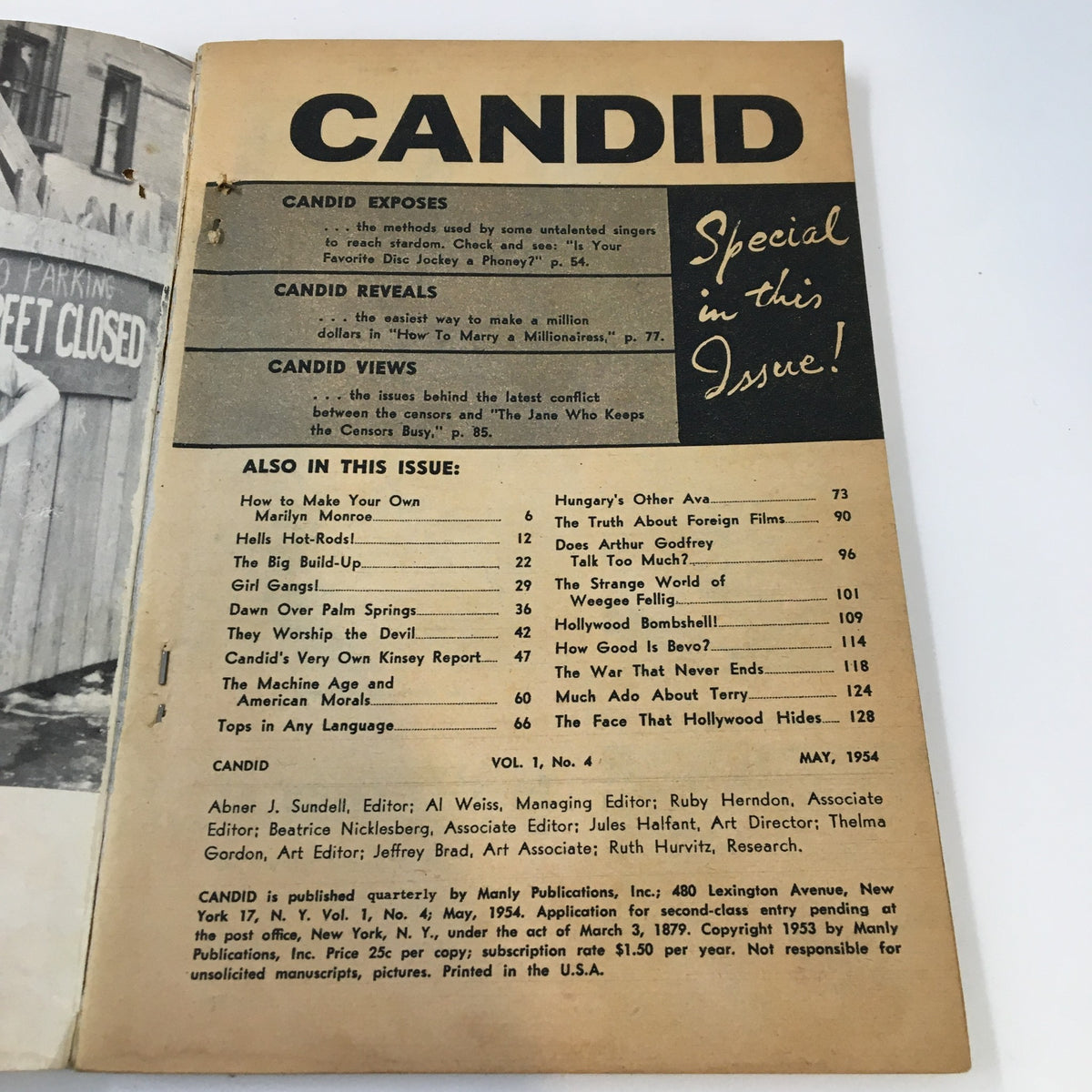Contents page of VTG Candid Magazine May 1954 featuring Mitzi Gaynor, showcasing articles and other features such as Marilyn Monroe, Hell's Hot Rods, and more.