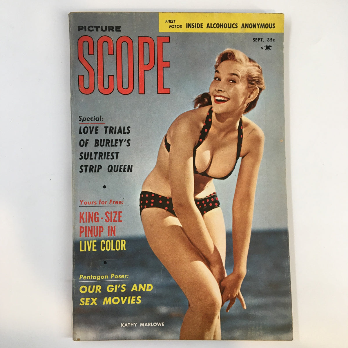VTG Picture Scope Magazine September 1958 cover featuring Kathy Marlowe in a polka-dot bikini, showcasing vintage pinup art and nostalgic Americana.