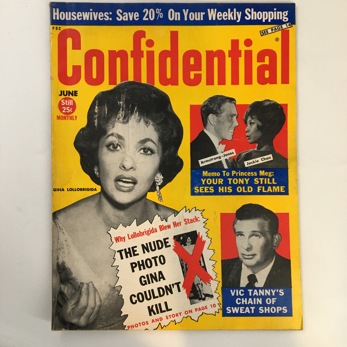Cover of VTG Confidential Magazine June 1961 featuring Gina Lollobrigida and Vic Tanny. The magazine includes dramatic headlines and colorful graphics, showcasing the glamour of early 1960s Hollywood.