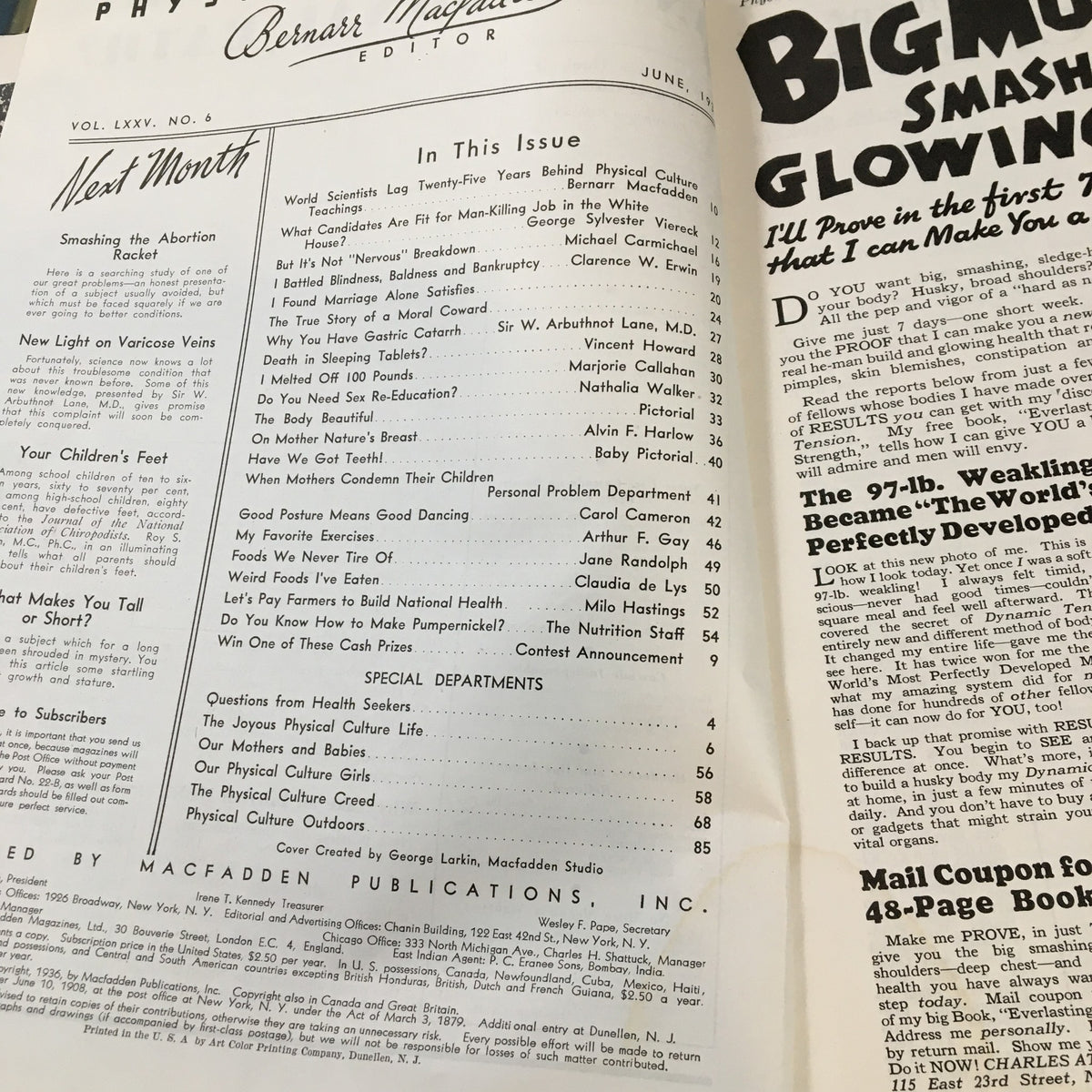 Inside page of the June 1936 Physical Culture Magazine, showcasing the table of contents. The page lists various articles including 'I Melted Off 100 Pounds' and provides insight into the topics discussed in this historic fitness publication.