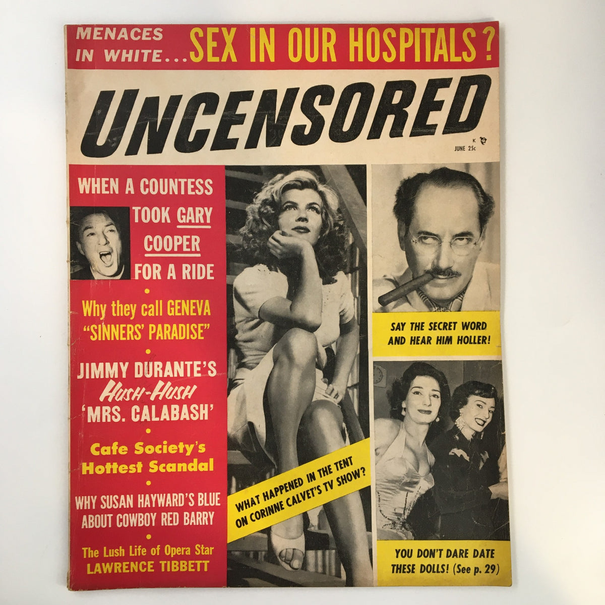 Cover of Vintage Uncensored Magazine June 1956 featuring the headline 'When a Countess Took Gary Cooper for a Ride.' The magazine showcases mid-20th century glamour and celebrity culture.