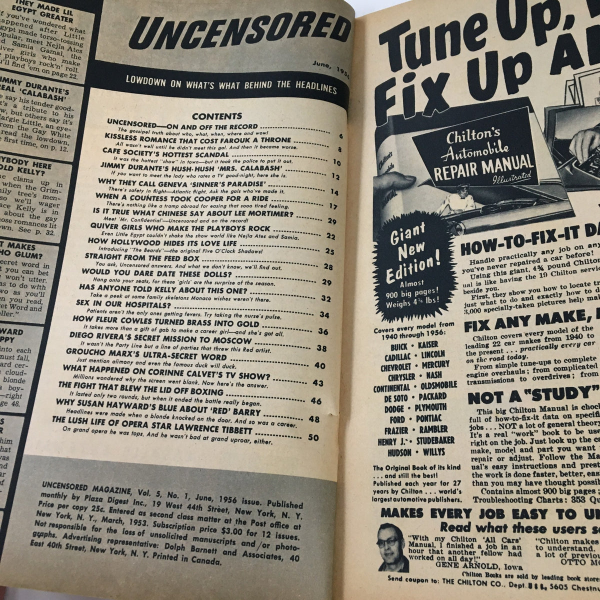 Inside spread of Vintage Uncensored Magazine June 1956 displaying the table of contents, highlighting articles on scandal and Hollywood gossip.