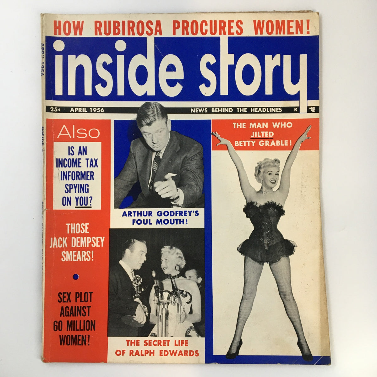 Cover of Inside Story Magazine April 1956 featuring headlines about Arthur Godfrey and Jack Dempsey, vibrant colors, and vintage design.