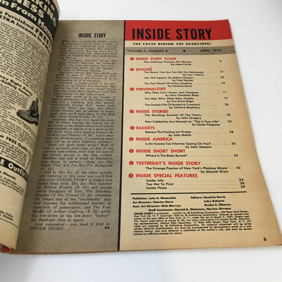 Inside page of Inside Story Magazine April 1956 revealing the table of contents and articles on notable personalities and exposés.