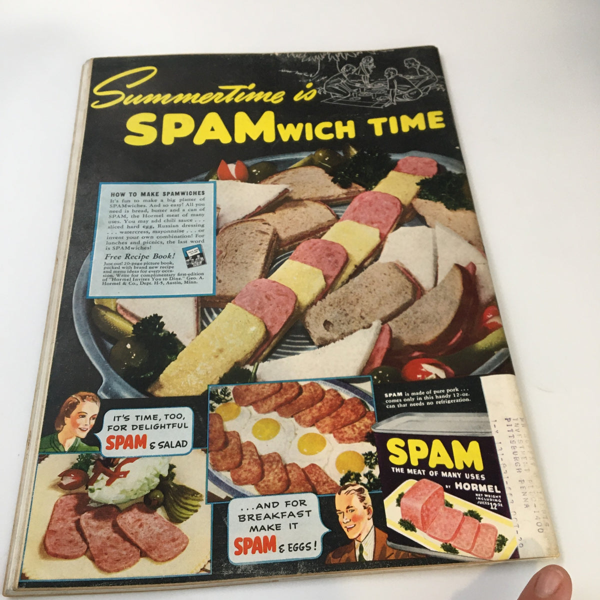 Vintage food advertisement magazine cover promoting Spam sandwiches, featuring colorful visuals and recipes, highlighting summer meal ideas.