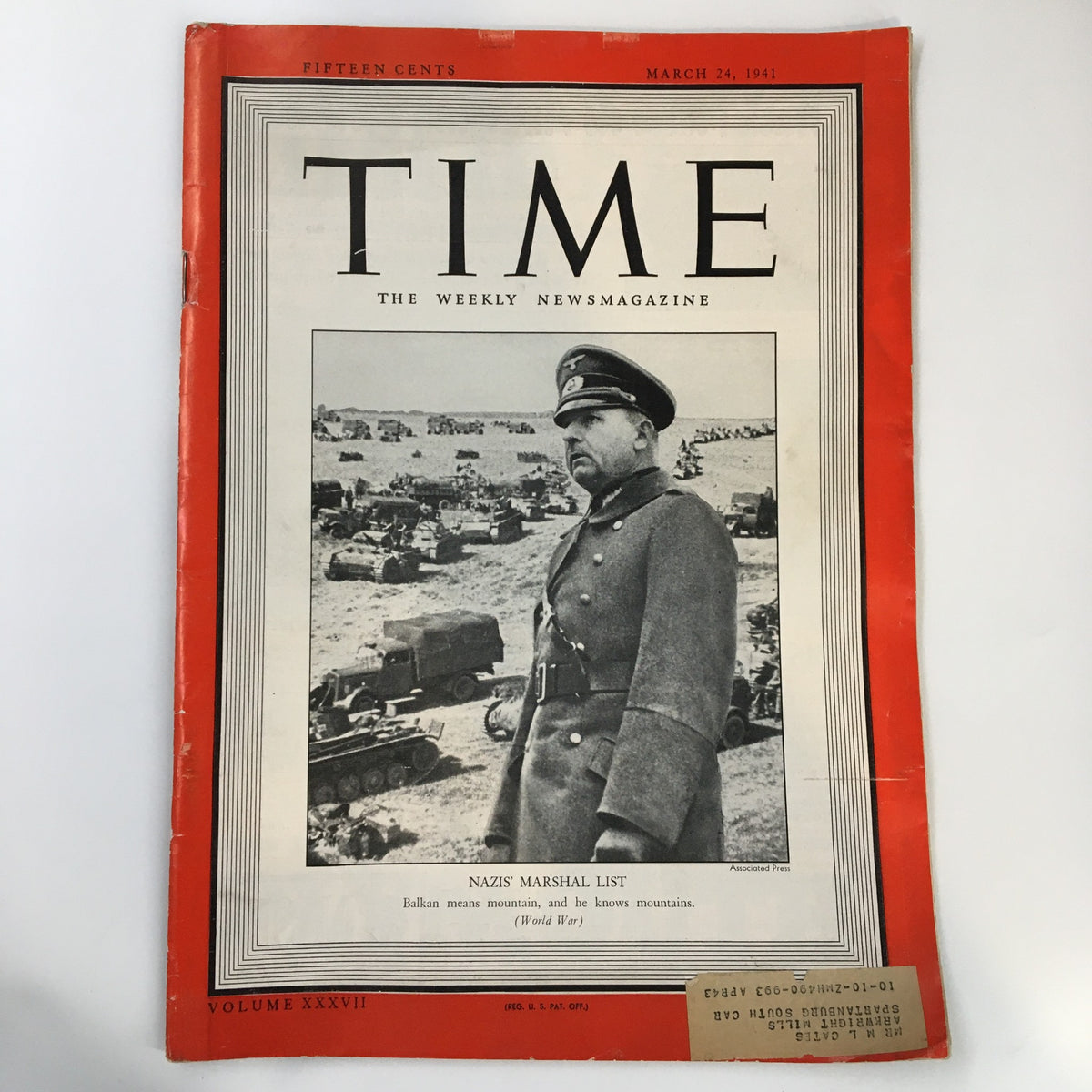 Vintage Time Magazine cover from March 24, 1941, Volume 37, No. 12, featuring the article on Nazi's Marshal List.