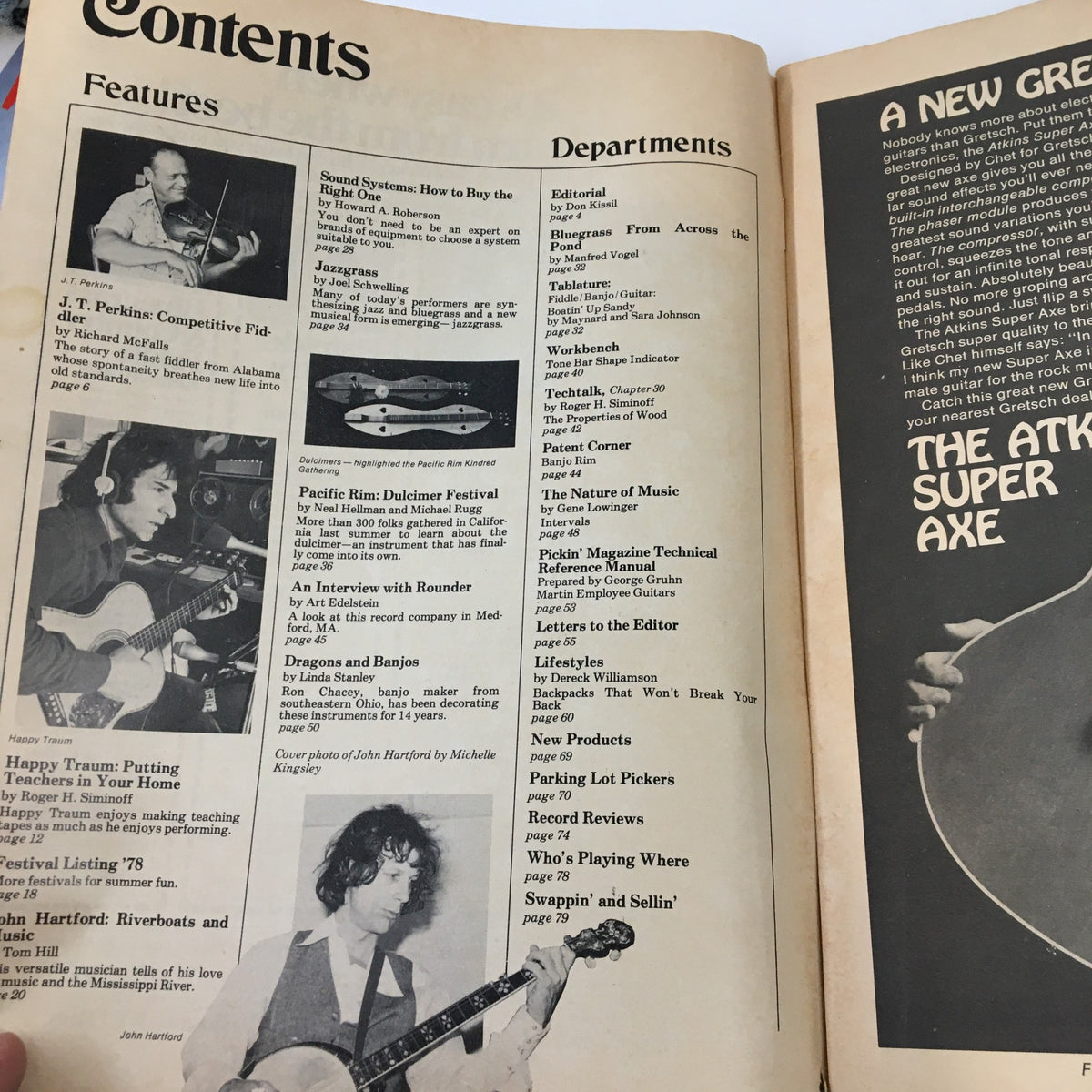 Contents page of VTG Pickin' Music Magazine May 1978 showcasing features on John Hartford, sound systems, and various music-related articles.