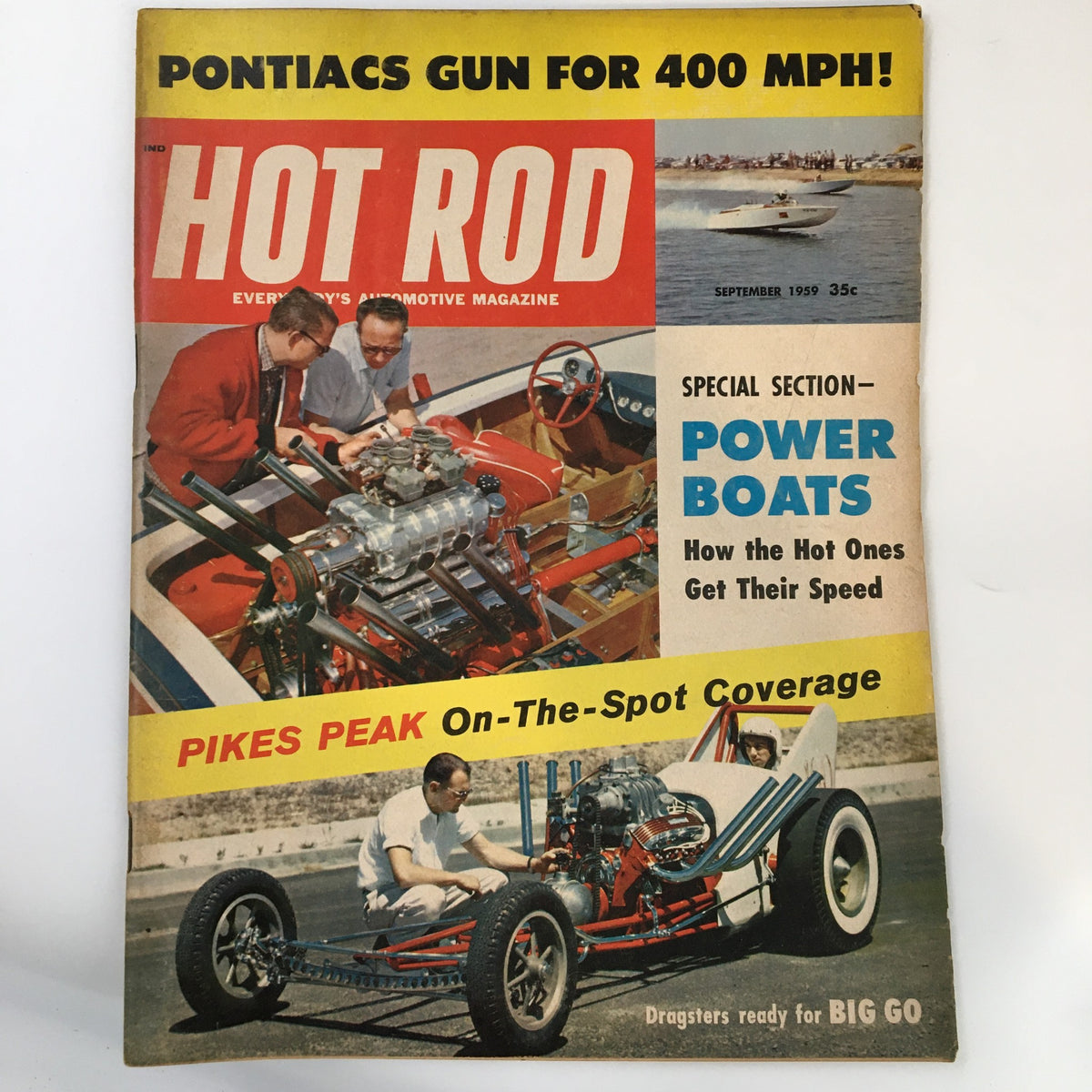 Cover of VTG Hot Rod Magazine September 1959 featuring Squid Naylor's 90-mbp-plus Water Dragster, showcasing automotive engineering and drag racing culture.