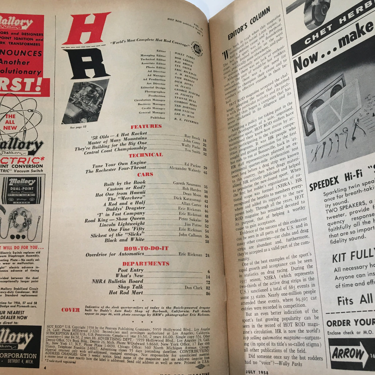Interior page of VTG Hot Rod Magazine July 1958 showcasing features and editorial columns related to classic motorsport and Buick-powered dragsters.