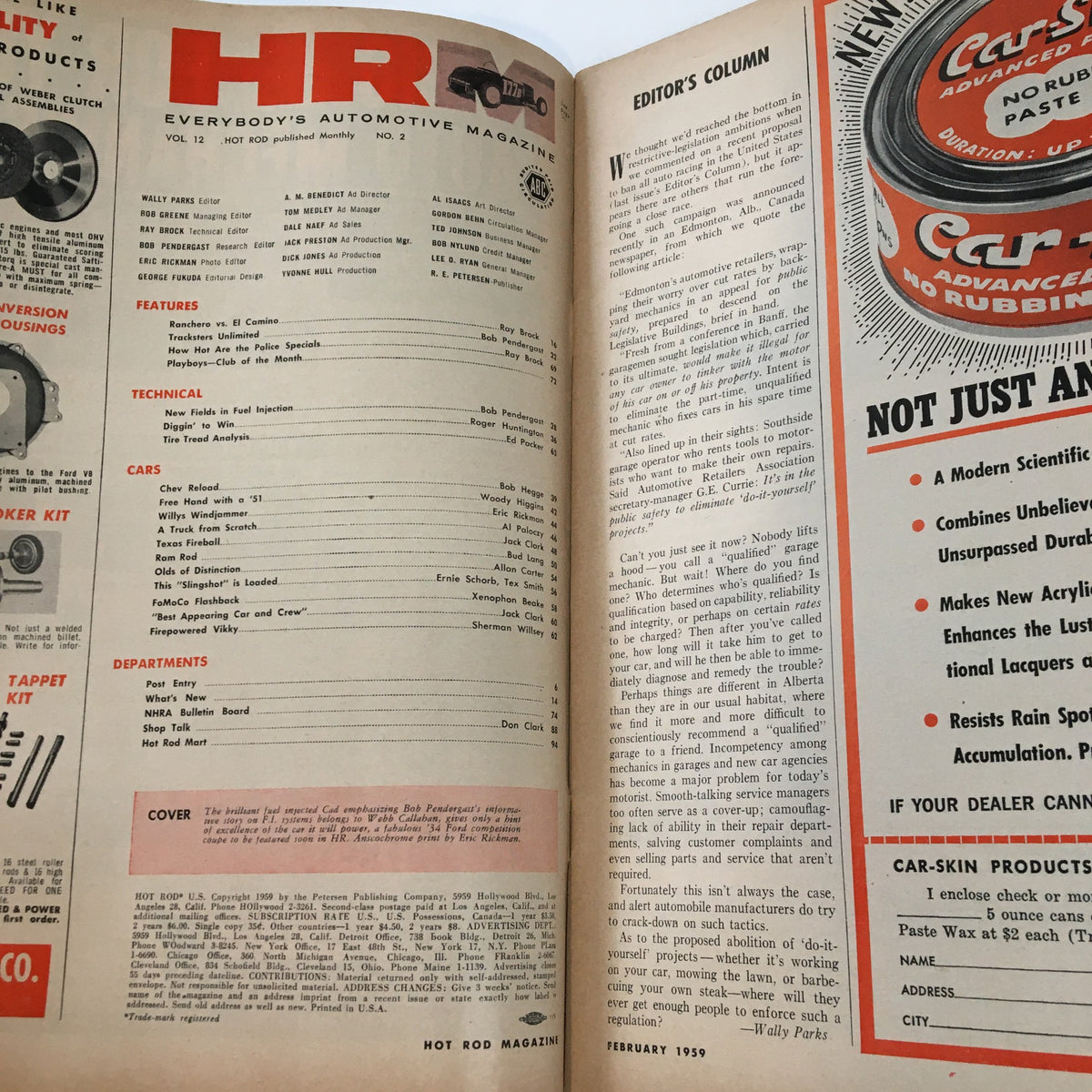 Inside page of VTG Hot Rod Magazine February 1959 displaying the contents and editor's column, showcasing articles about car performance and innovation.