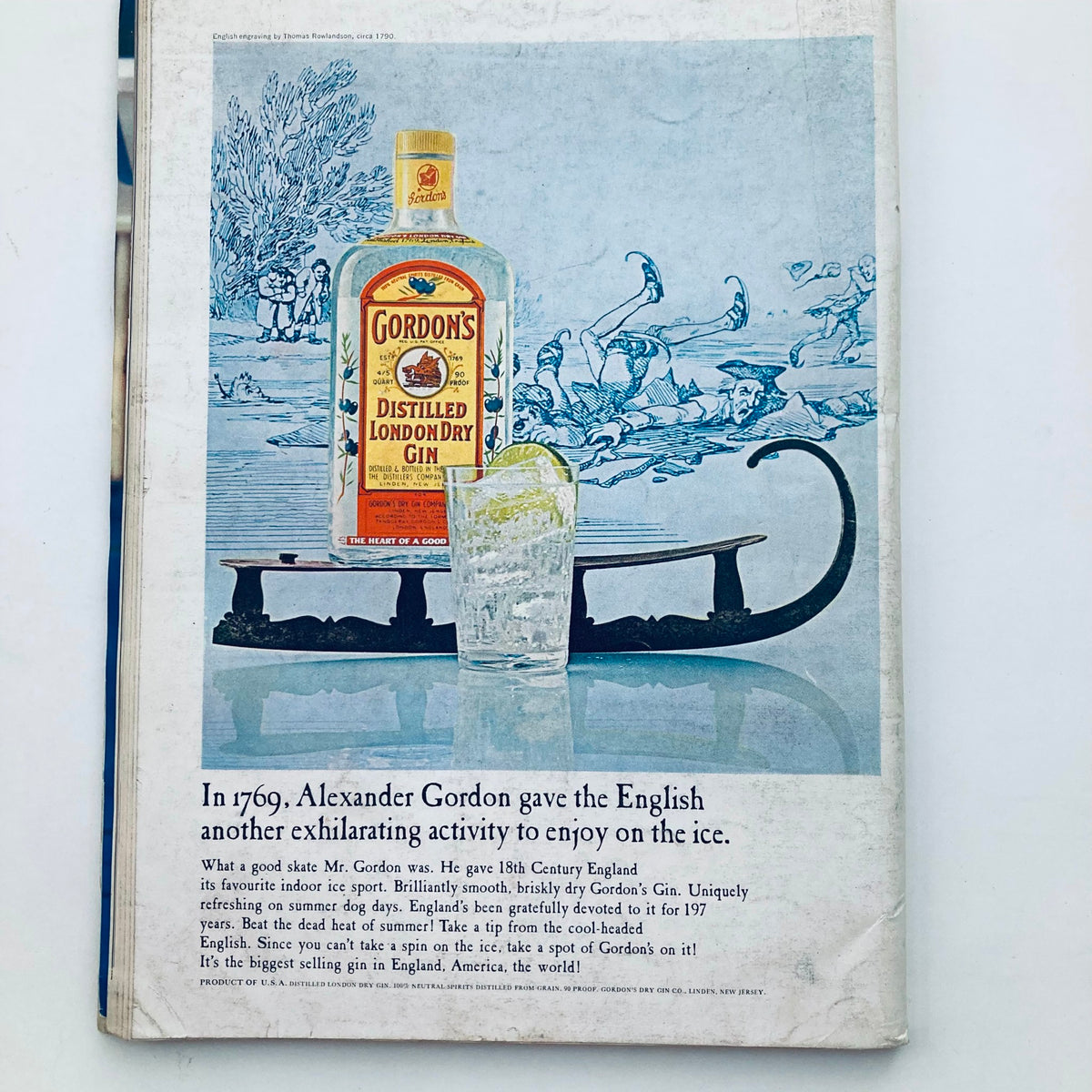 Back cover advertisement from VTG Playboy Magazine July 1966 featuring Gordon's Distilled London Dry Gin, depicting a vintage illustration of an ice skating scene.