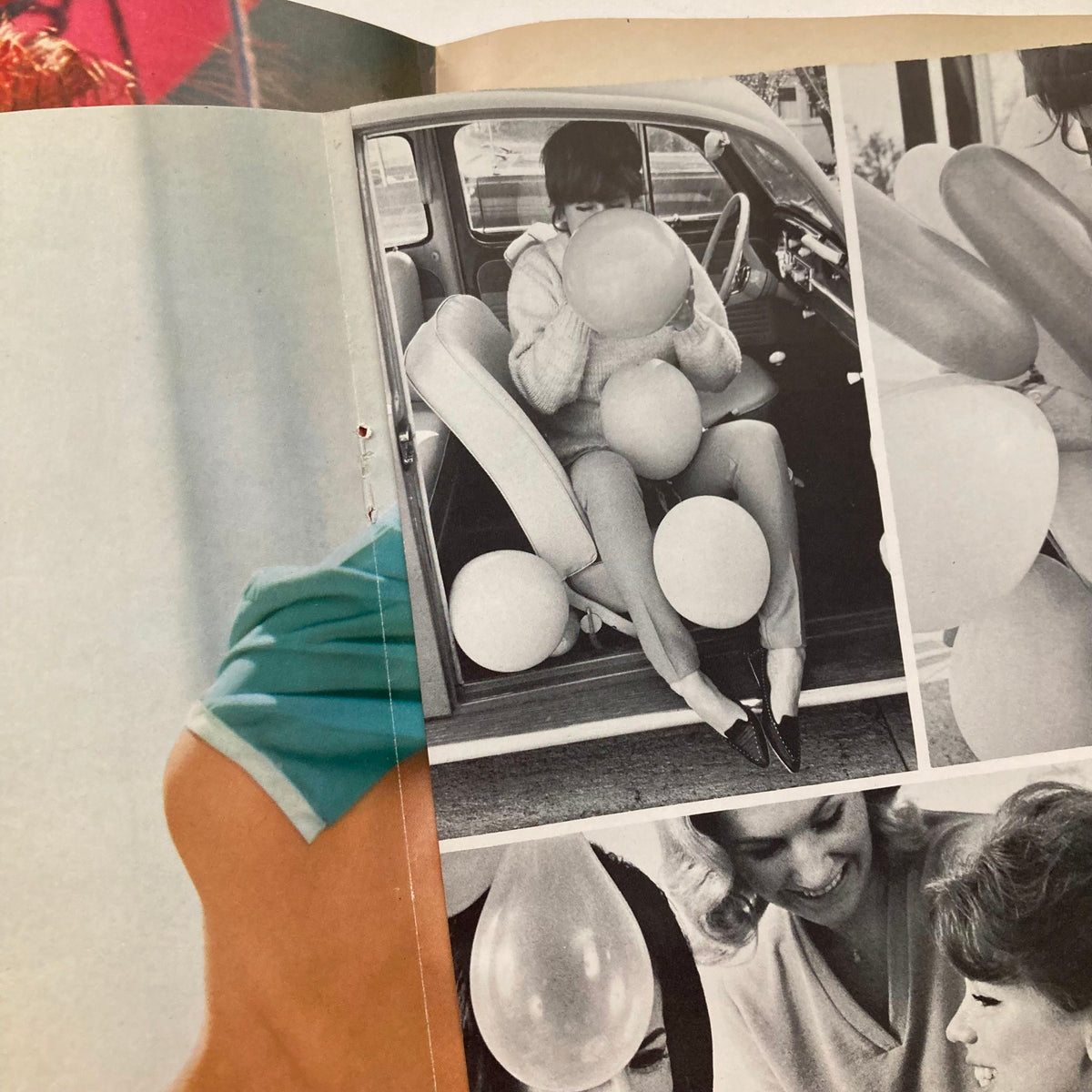 Another inside page of VTG Playboy Magazine July 1965, filled with images of Miss July amid balloons, showcasing 1960s aesthetics.