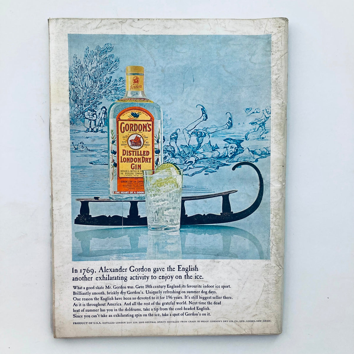 Back cover of VTG Playboy Magazine July 1965 displaying an advertisement for Gordon's Distilled London Dry Gin with a vintage illustration.