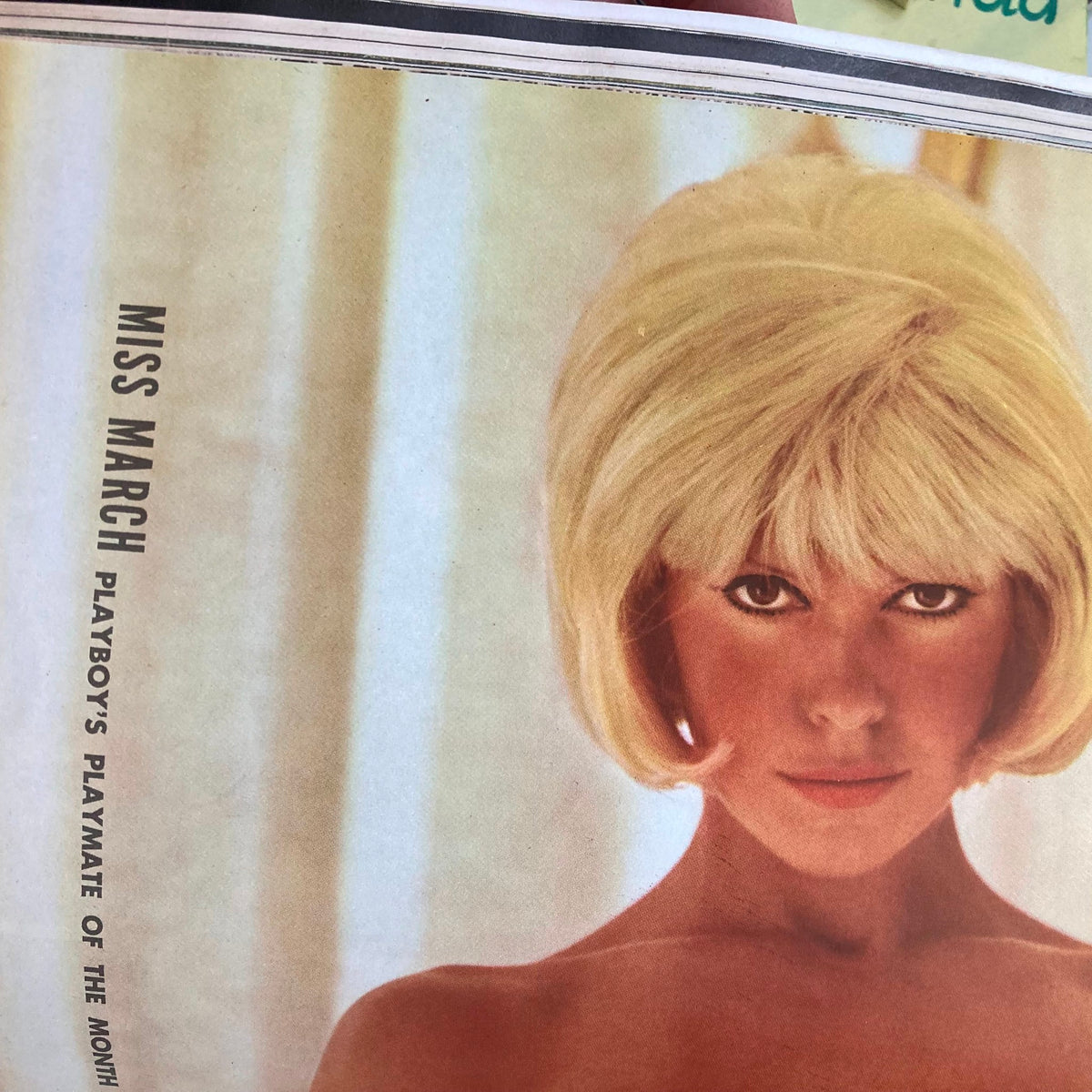 Centerfold image of Priscilla Wright, Playmate of the Month for March 1966, from VTG Playboy Magazine, showcasing 1960s fashion and beauty.