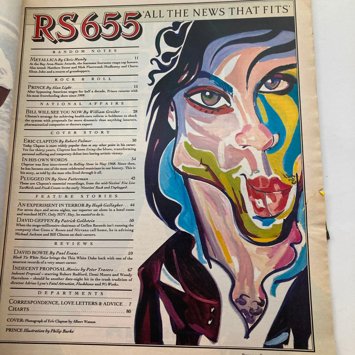 Interior page from Rolling Stone Magazine April 29 1993 Issue 655, highlighting the table of contents with colorful artwork and features related to Eric Clapton and other music topics.