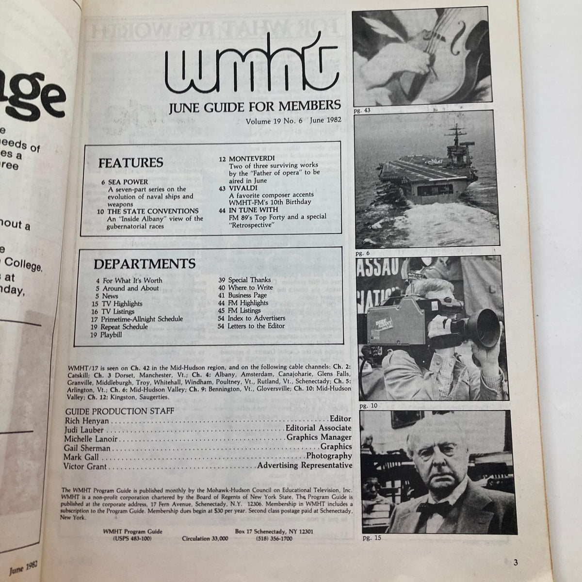 Inside page of the WMHT Program Guide Magazine from June 1982, Vol 19 No. 6, showcasing various features and departments including TV highlights and a special section on Antonio Vivaldi, reflecting the magazine's cultural content.