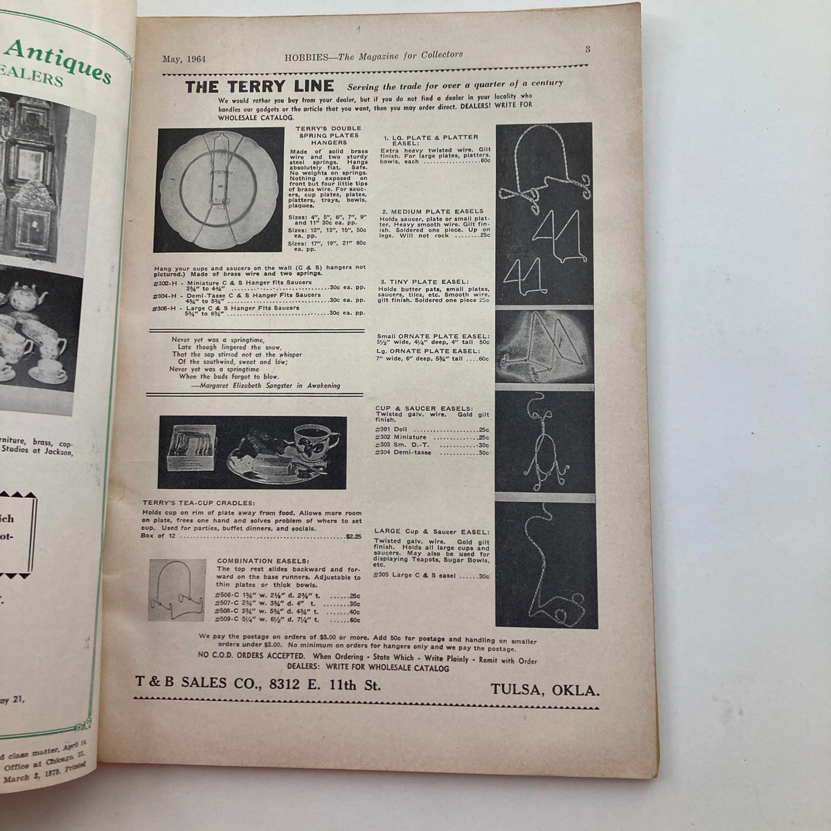 Interior page of VTG Hobbies Magazine for Collectors May 1964 displaying items from the Terry Line, including whimsical plate hangers and easels, showcasing vintage collectible accessories.