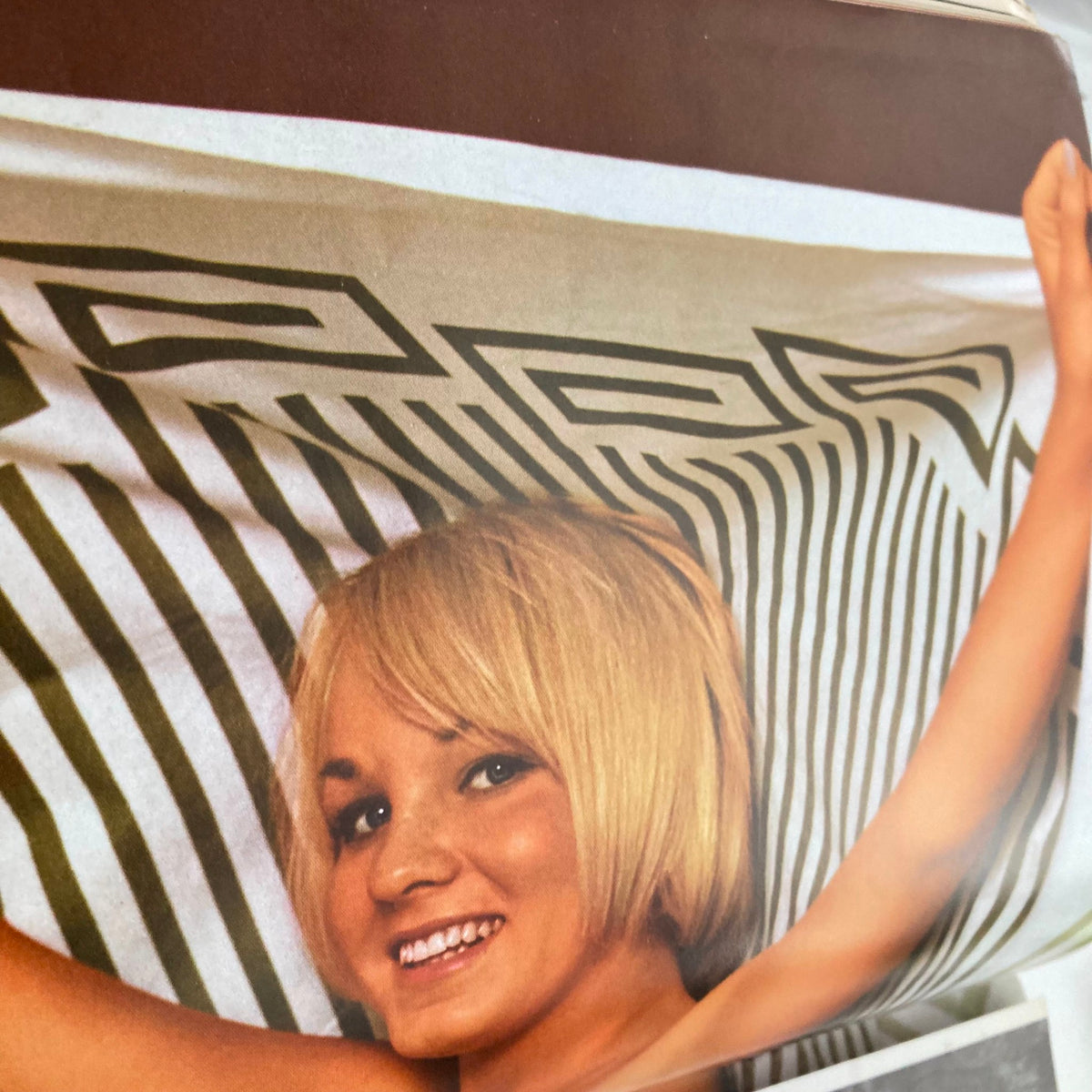 Image from the VTG Playboy Magazine October 1966 displaying a smiling woman holding a patterned sheet.
