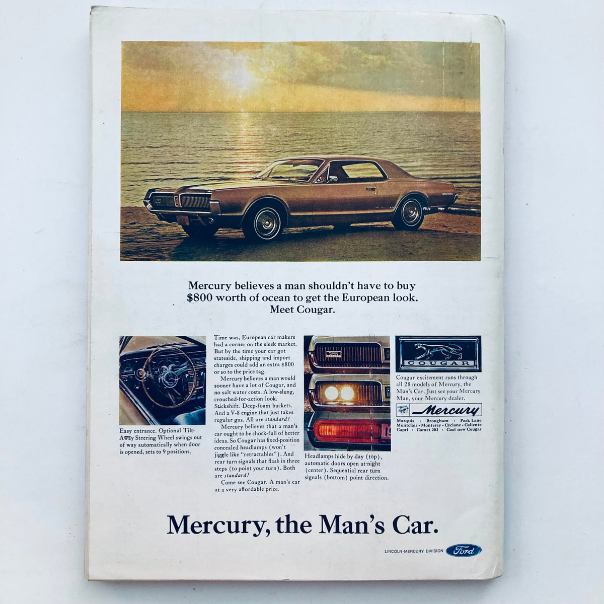 Back cover advertisement of VTG Playboy Magazine December 1966 showcasing Mercury Cougar car and its features.