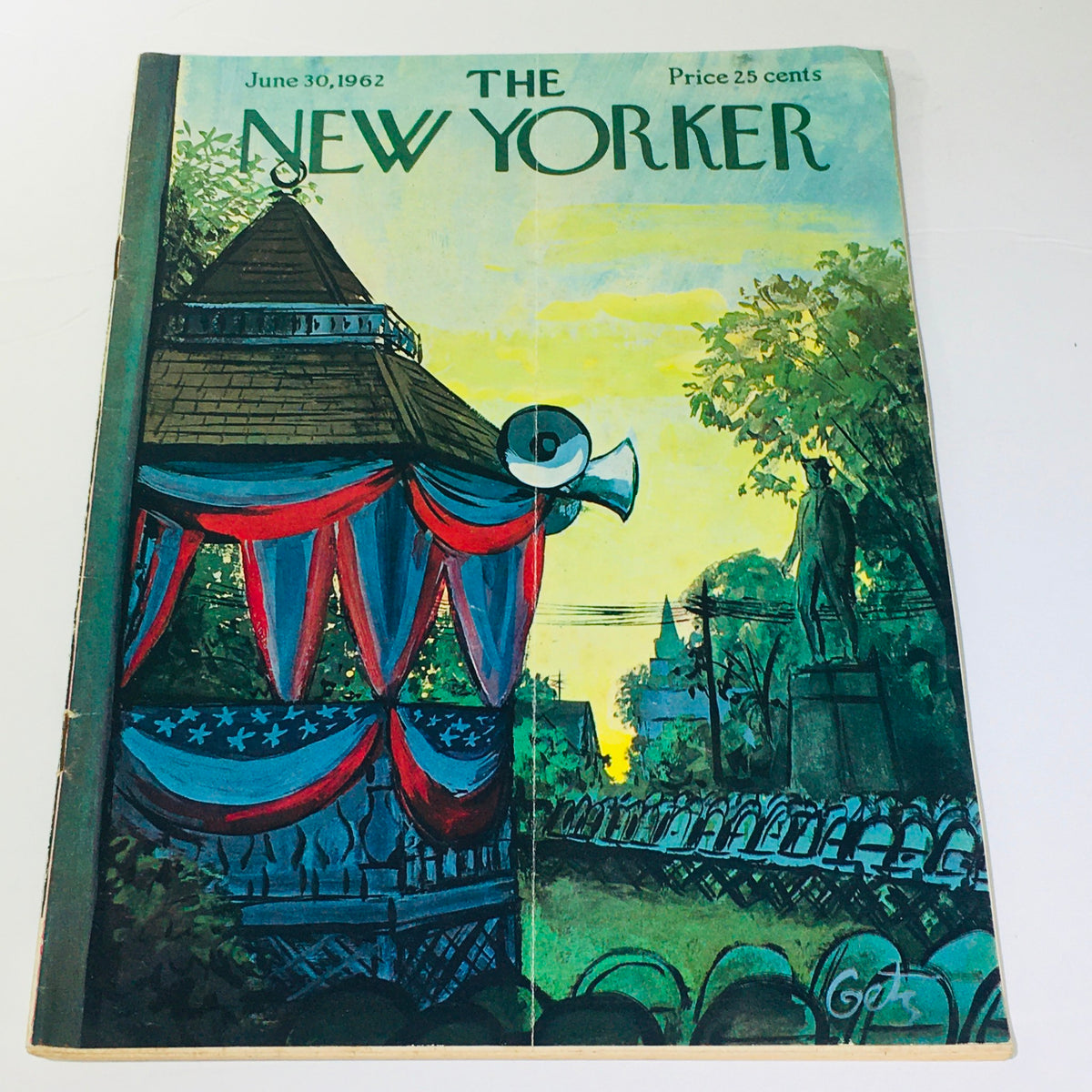 Cover of The New Yorker magazine dated June 30, 1962, featuring an illustration by Arthur Getz, showcasing a gazebo adorned with red, white, and blue decorations against a vibrant sunset background.
