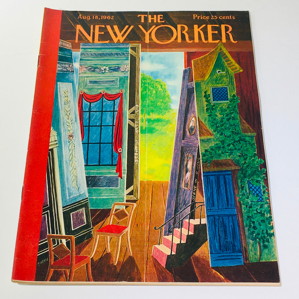Cover of The New Yorker magazine from August 18, 1962 featuring a colorful illustration by Ilonka Karasz depicting various doors and a window, reflecting vintage artistry.