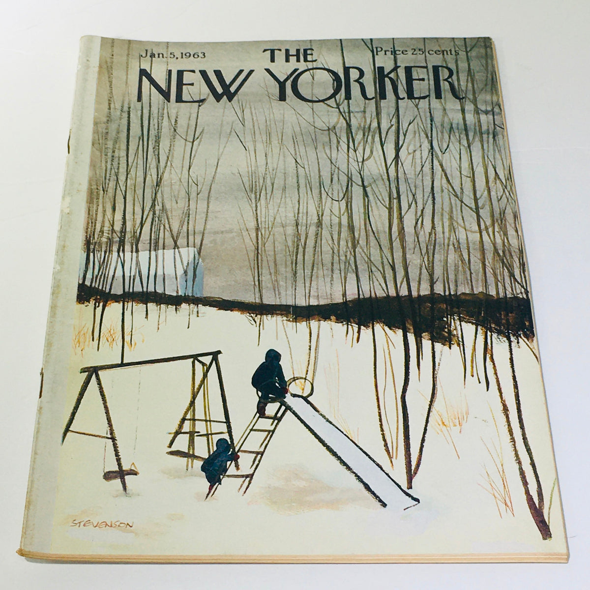The New Yorker: January 5 1963 - Full cover featuring a winter theme illustrated by James Stevenson, depicting children playing on swings and a slide in a snowy landscape.