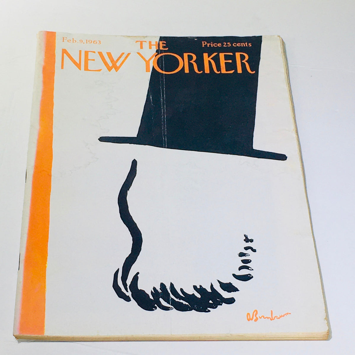 Cover of The New Yorker magazine dated February 9, 1963, featuring an artistic design by Abe Birnbaum, showcasing a black top hat and a stylized beard illustration.