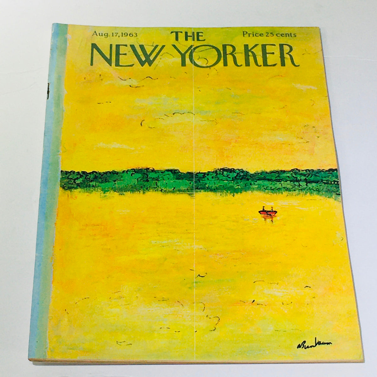 The New Yorker: August 17 1963 magazine cover featuring a vibrant yellow background with a green horizon and a small red boat, designed by artist Abe Birnbaum.