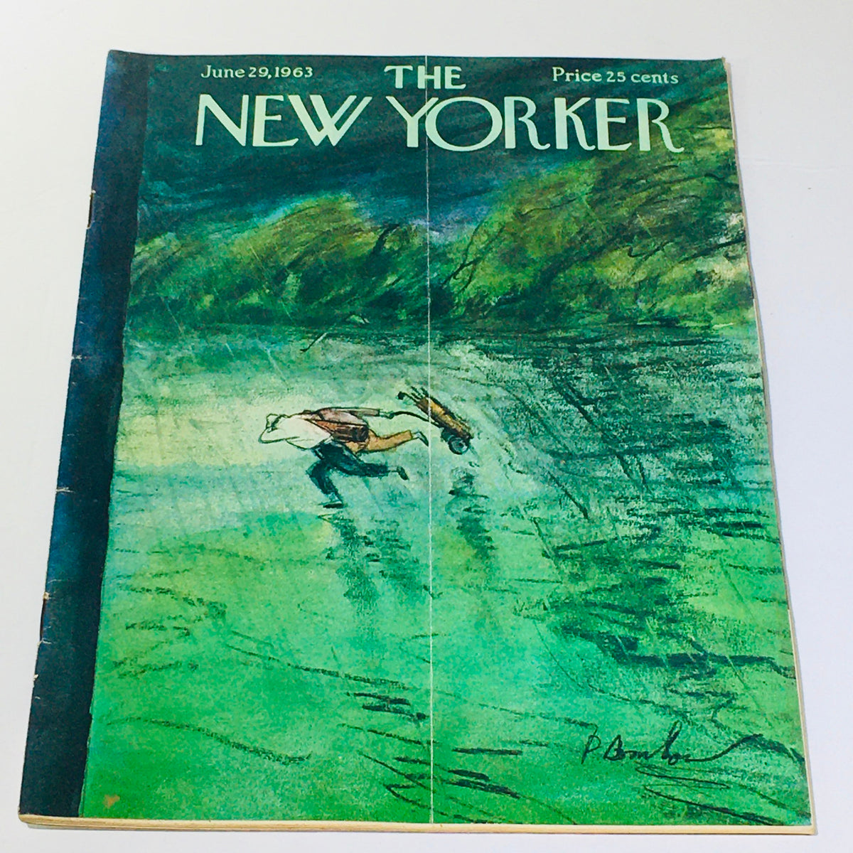 Cover of The New Yorker magazine from June 29, 1963 featuring an illustration of a person wading through water with a dog, created by artist Perry Barlow. The magazine highlights its price of 25 cents and reflects a vintage style.