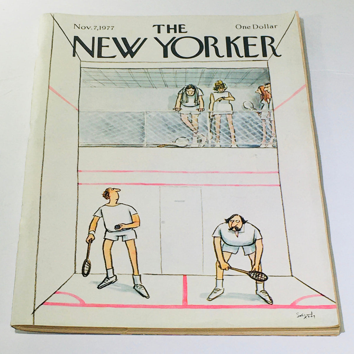 Cover of The New Yorker magazine from November 7, 1977, featuring a humorous illustration by Charles Saxon depicting players in a racquetball court.