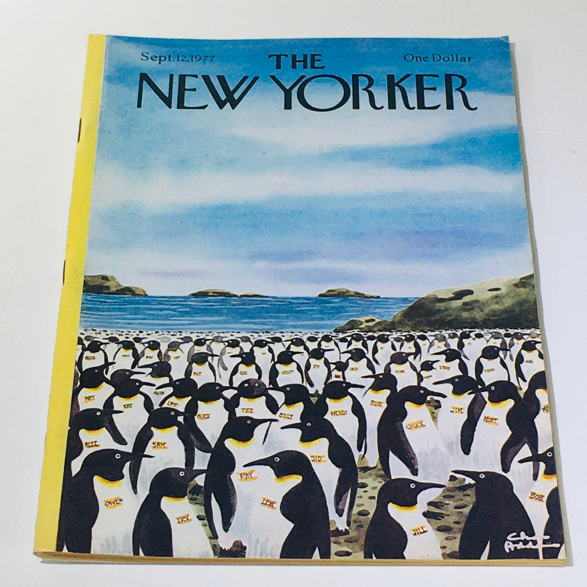 The New Yorker: September 12 1977 magazine cover featuring a whimsical Chas Addams illustration of a large group of penguins on a beach, blending humor and art from the 1970s.