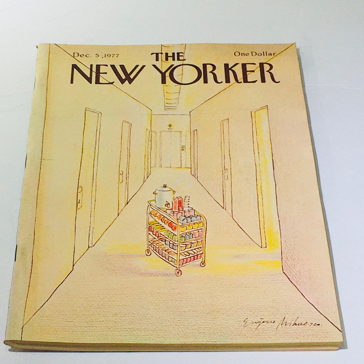 Cover of The New Yorker magazine from December 5, 1977, illustrated by Eugene Mihaesco, depicting a hallway with a service cart, showcasing vintage artistry and design.