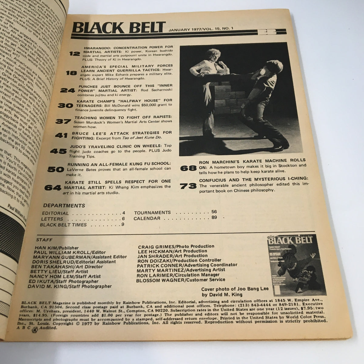 Interior page of VTG Black Belt Magazine January 1977 showcasing contents including articles on martial arts techniques, profiles of martial artists, and self-defense topics.