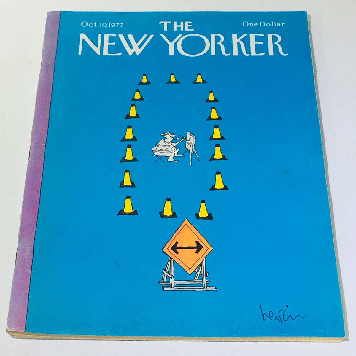 Cover of The New Yorker magazine from October 10, 1977, featuring a cartoon scene with construction cones and a humorous illustration by Arnie Levin.