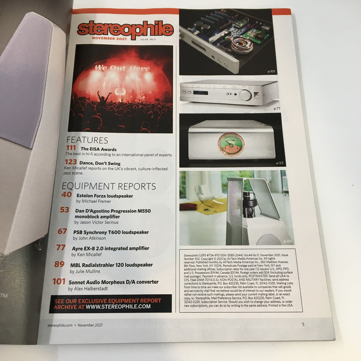 Inside page of Stereophile Magazine November 2021 showcasing features, equipment reports, and an image of MBL Radialstrahler, a high-end loudspeaker.