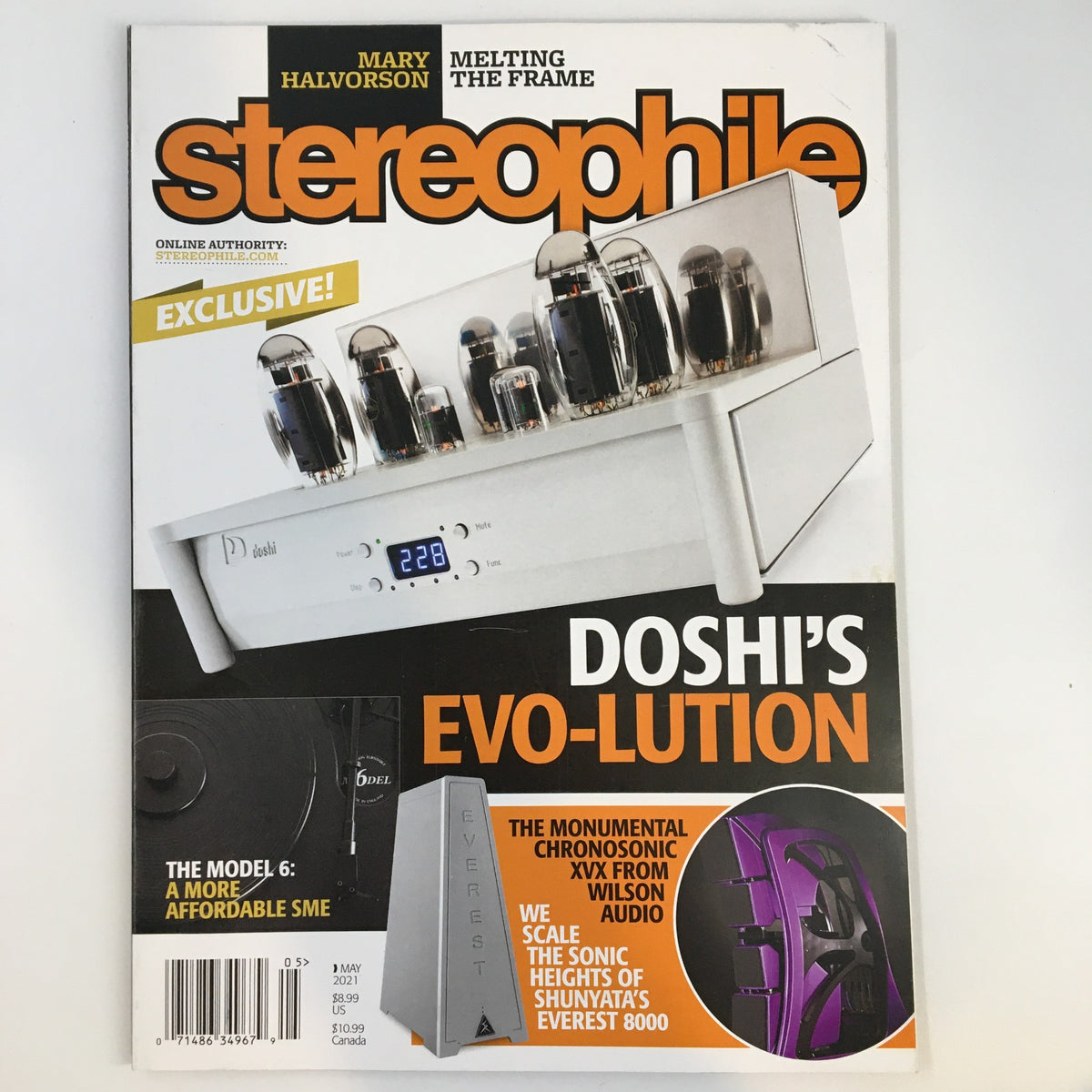 Stereophile Magazine May 2021 cover featuring Mary Halvorson, highlighting her artistry with a vintage amplifier design and details about audio equipment.