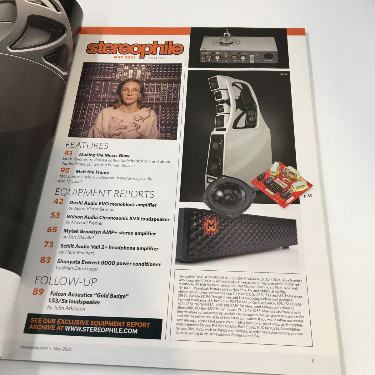 Interior page of Stereophile Magazine May 2021 showcasing features and equipment reports, including amplifiers and loudspeakers, with a photo of Mary Halvorson.