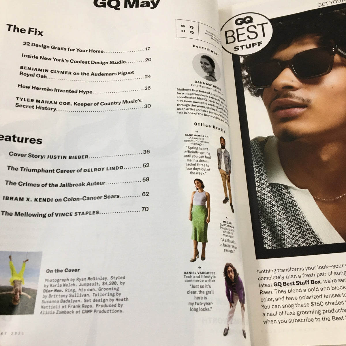 Interior page of GQ Magazine May 2021 with a table of contents including a feature story on Justin Bieber and articles on contemporary cultural topics.