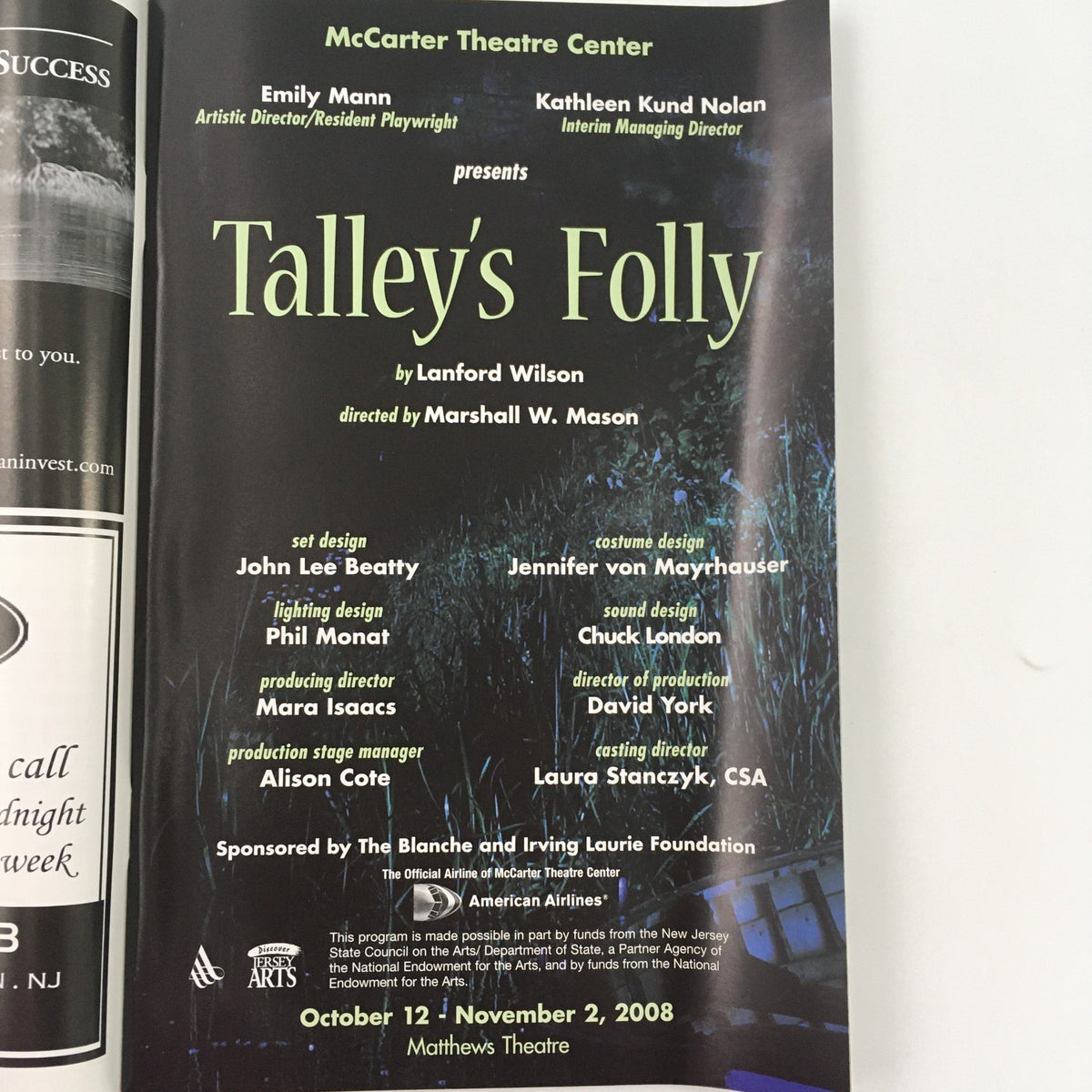 Inside page of the 2008 McCarter Theatre Center program for 'Talley's Folly' by Lanford Wilson, listing production credits and creative team, including director Marshall W. Mason.