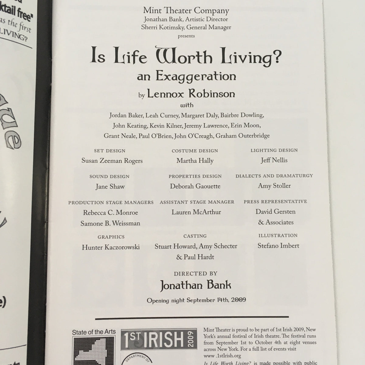 Inside page of the 2009 Mint Theater Company production of 'Is Life Worth Living? An Exaggeration' by Lennox Robinson, listing the artistic team and cast members.