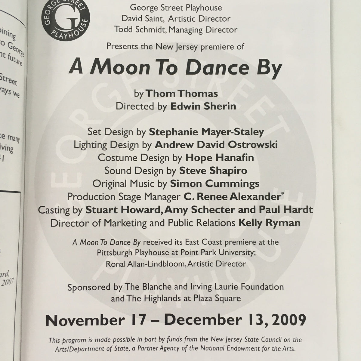 Promotional image from the 2009 George Street Playhouse Premiere of 'A Moon To Dance By' by Thom Thomas, showcasing details about the play including credits for direction, lighting, design, and production team.