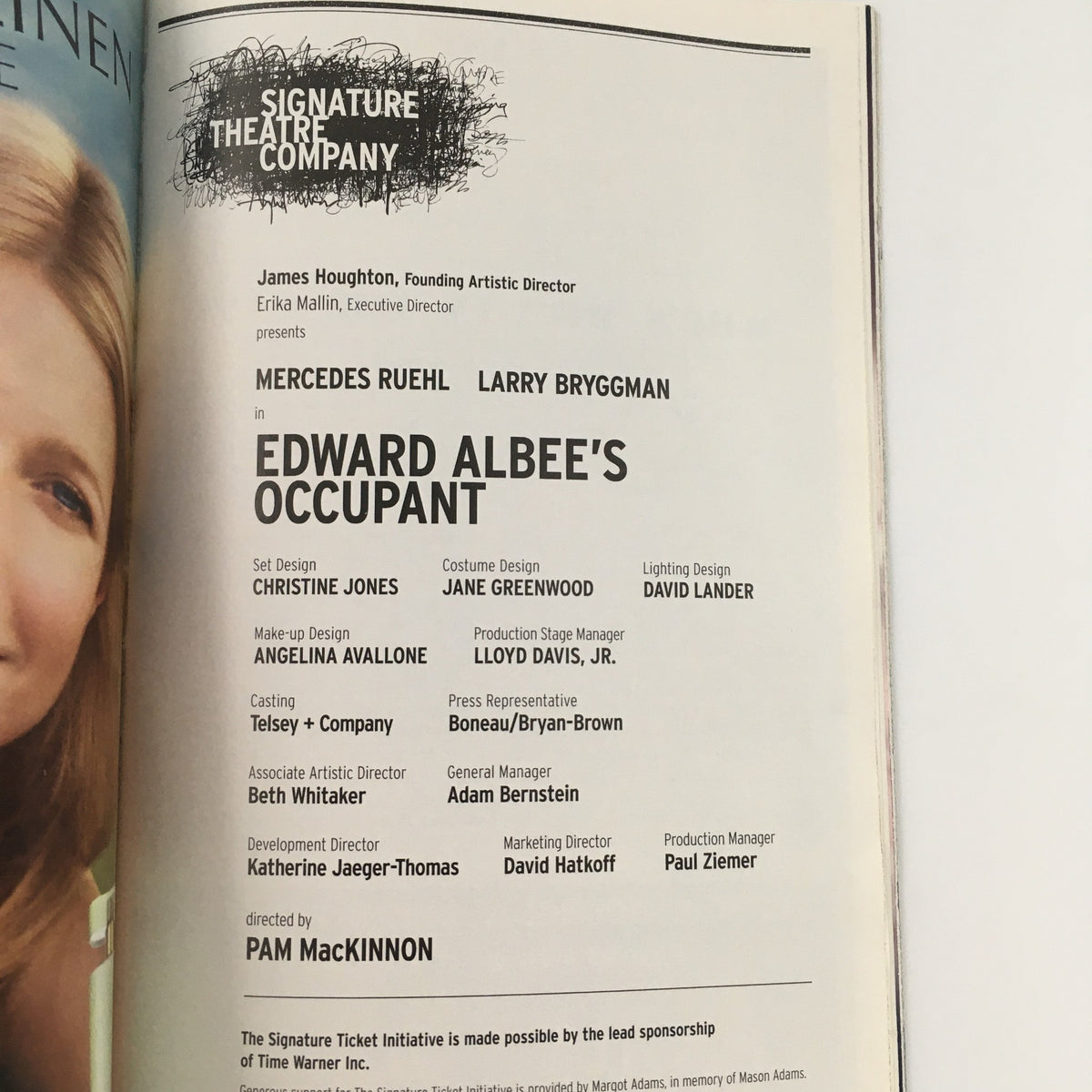Cast and crew information page of the 2008 Playbill for Edward Albee's 'Occupant' from Signature Theatre Company, listing key personnel and creative contributions.