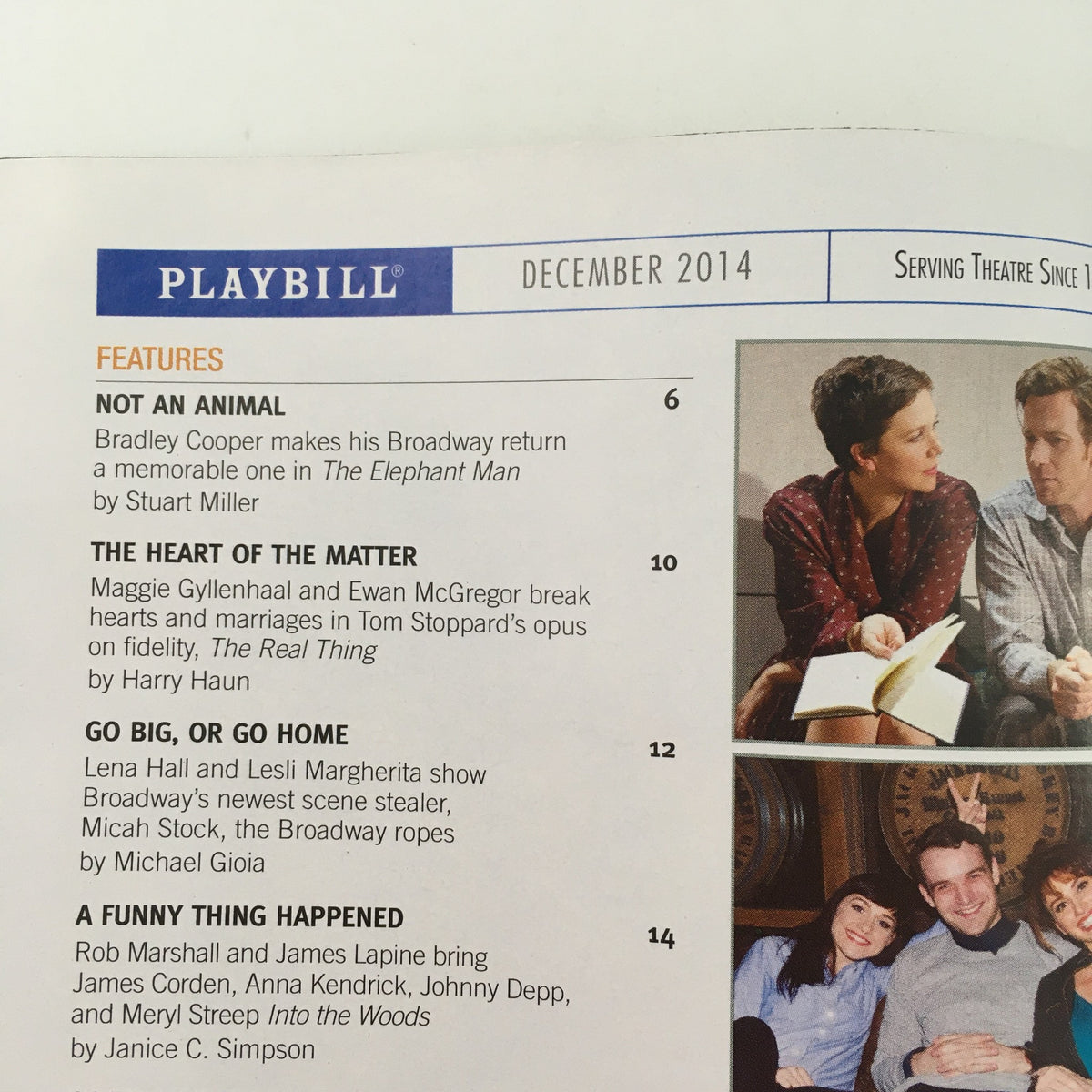 December 2014 Playbill featuring various theater articles, including a section on 'The Oldest Boy' by Sarah Ruhl, at the Mitzi E. Newhouse Theater.