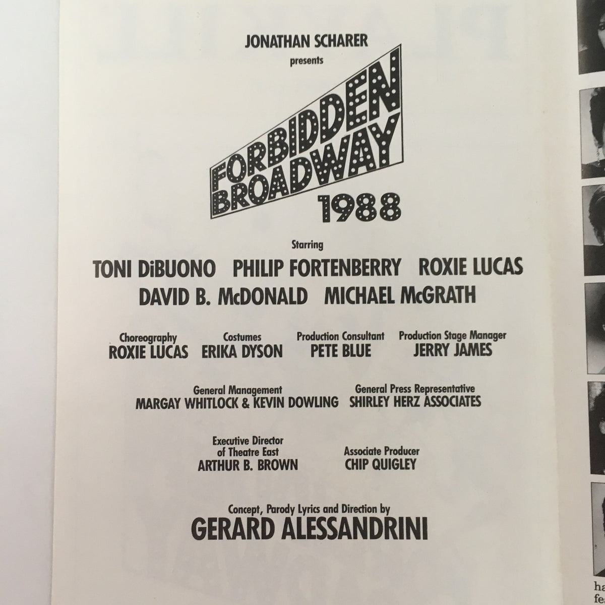 Interior page of the 1988 Playbill for 'Forbidden Broadway', detailing cast and crew members along with production information.