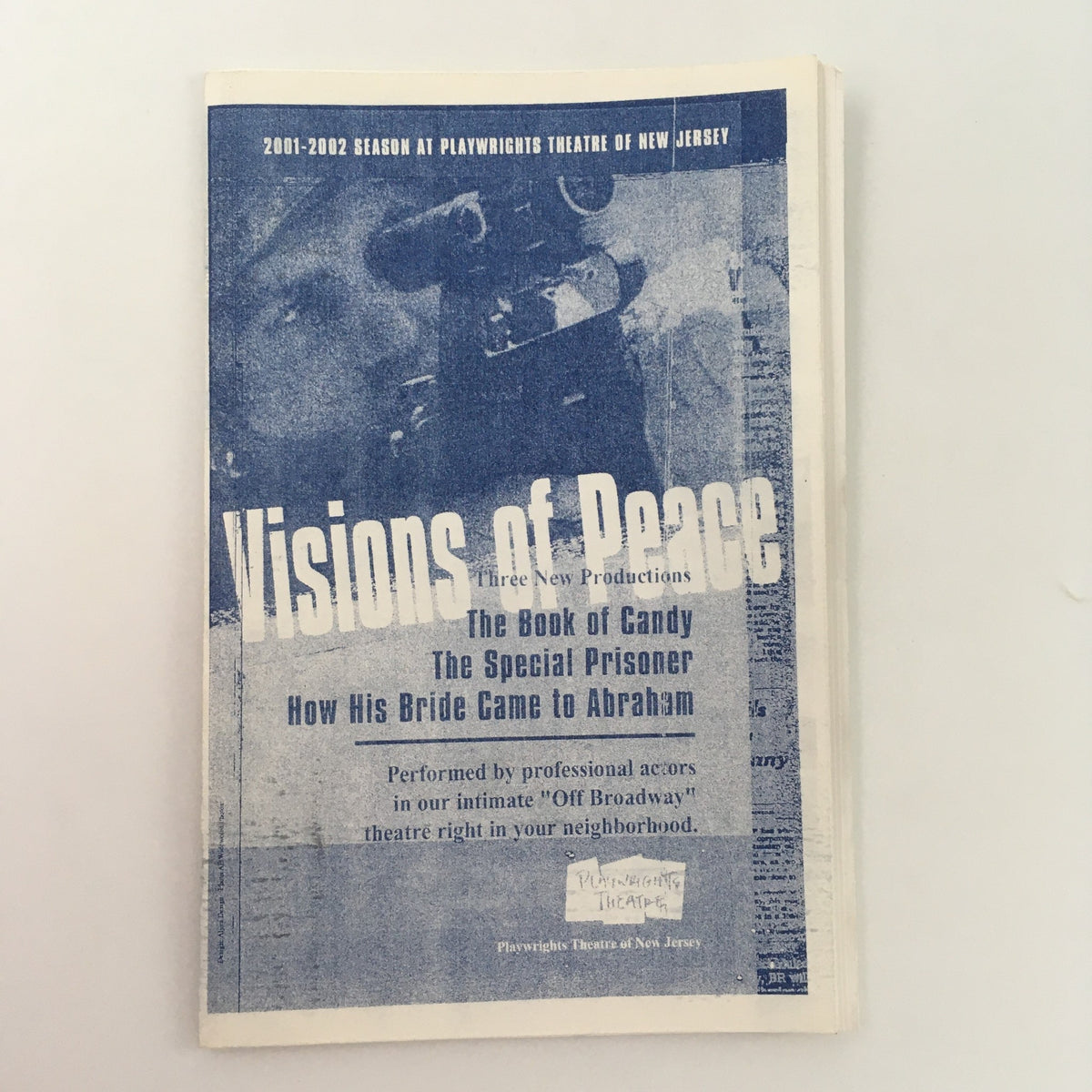 Cover of the 2001-2002 Playwrights Theatre ‘Visions of Peace’ book featuring three plays: The Book of Candy, The Special Prisoner, and How His Bride Came to Abraham. The image highlights the artistic design and text, representing the theatre's season in New Jersey.