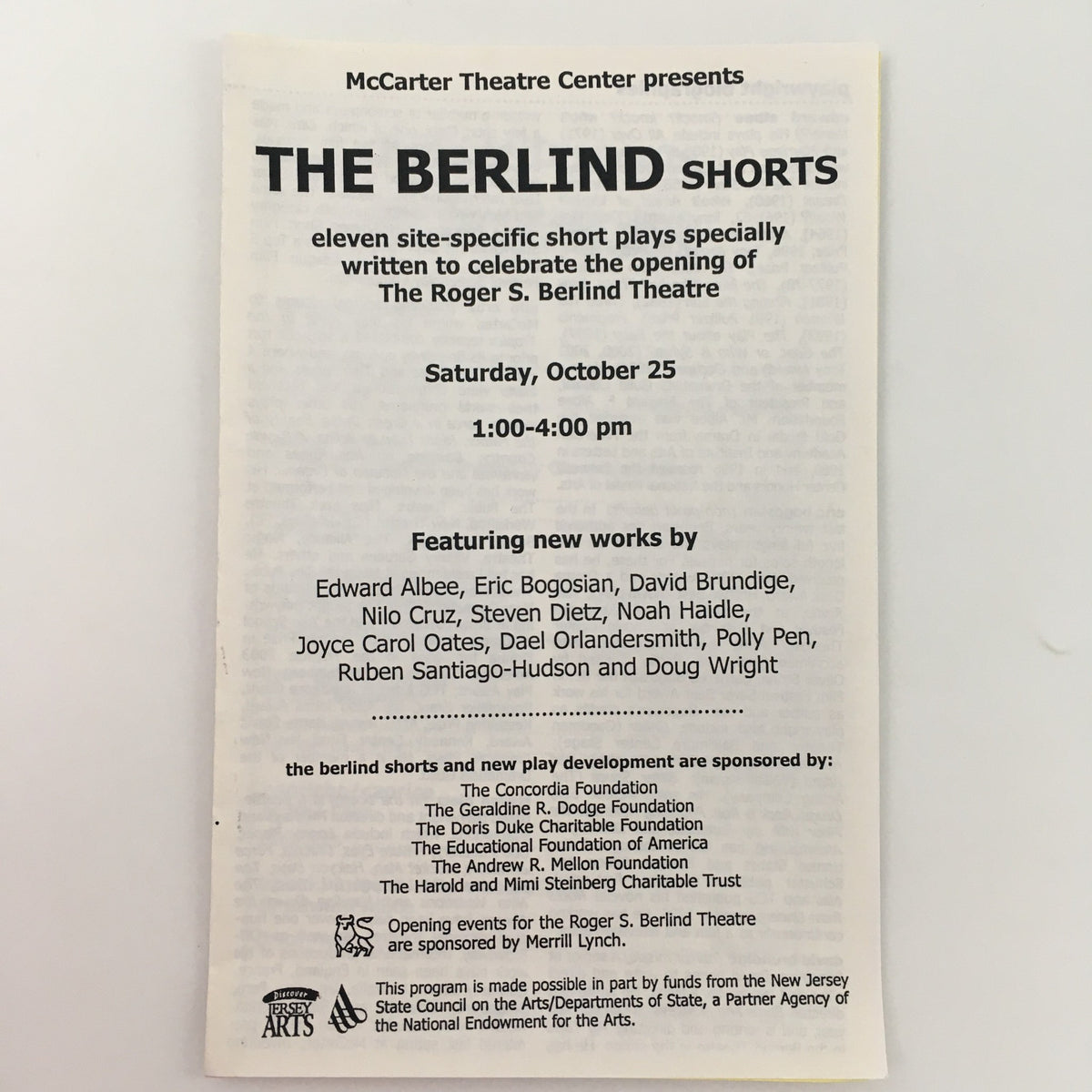 Promotional flyer for 'The Berlind Shorts' by Edward Albee, featuring eleven site-specific short plays. Event details include date and time: Saturday, October 25, 1:00-4:00 PM, McCarter Theatre Center, highlighting contributing playwrights and organizations.
