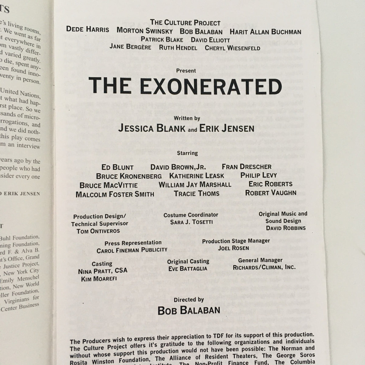 Cover of the program for the 2012 'The Exonerated' at 45 Bleecker Theater, written by Jessica Blank and Erik Jensen, featuring cast list including Ed Blunt, David Brown, and others.